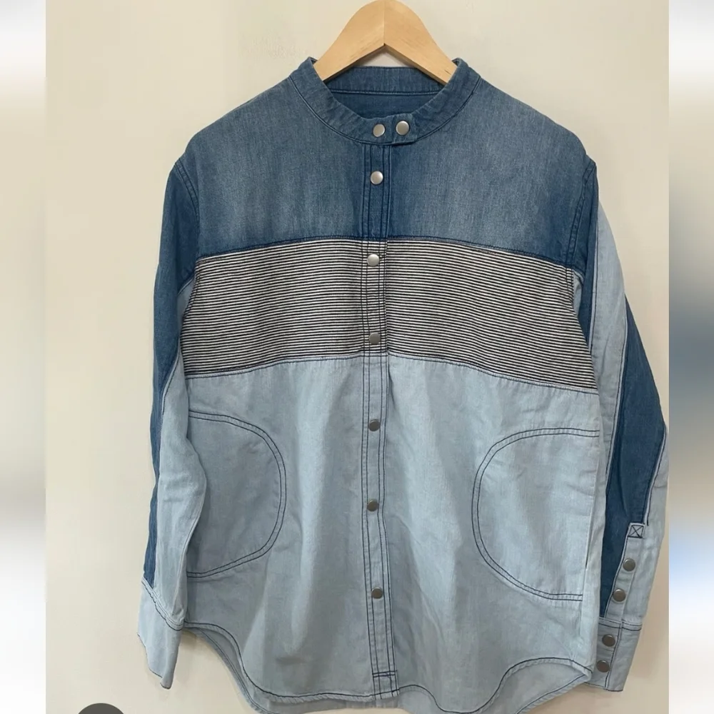 Free People Motto Color Block Shirt Blue Combo Size XL NWT